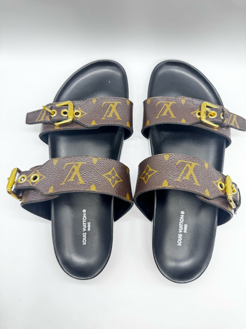Louis Vuitton Bom Dia Flat Mule - Brown & Black Monogram Buckle Slide Sandals